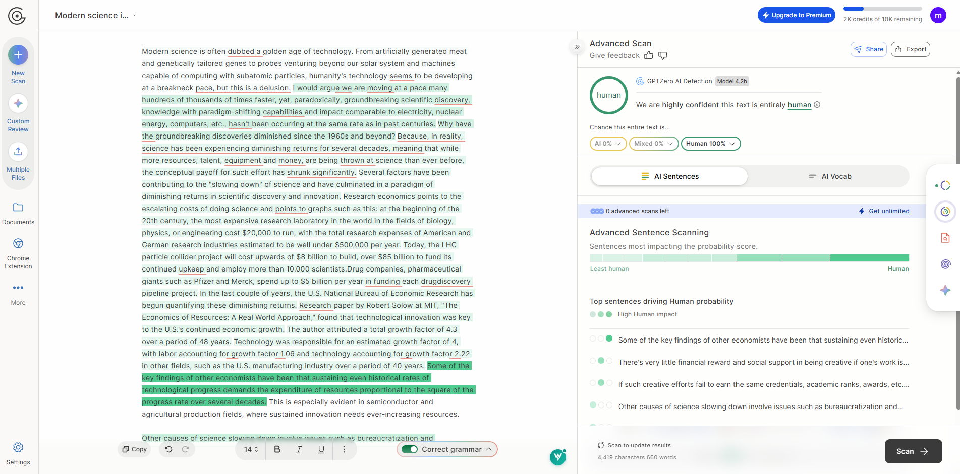 GPTZero detector: sample output classified as human-written